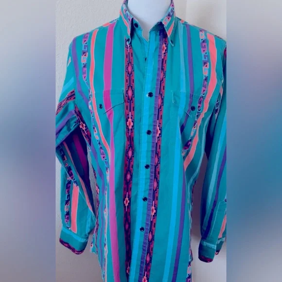 Vintage Shirt Wrangler Shirt Long Sleeve Multi Color Western Style Cotton Shirt - Picture 5 of 8